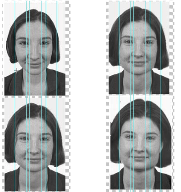 Facial landmark overlay on four face images. Cyan lines connect anatomical reference points (eye corners, nose tip, mouth corners, jaw outline). Even small differences in where each examiner places a landmark will propagate to the ratios computed from those points, contributing to inter-examiner variability.